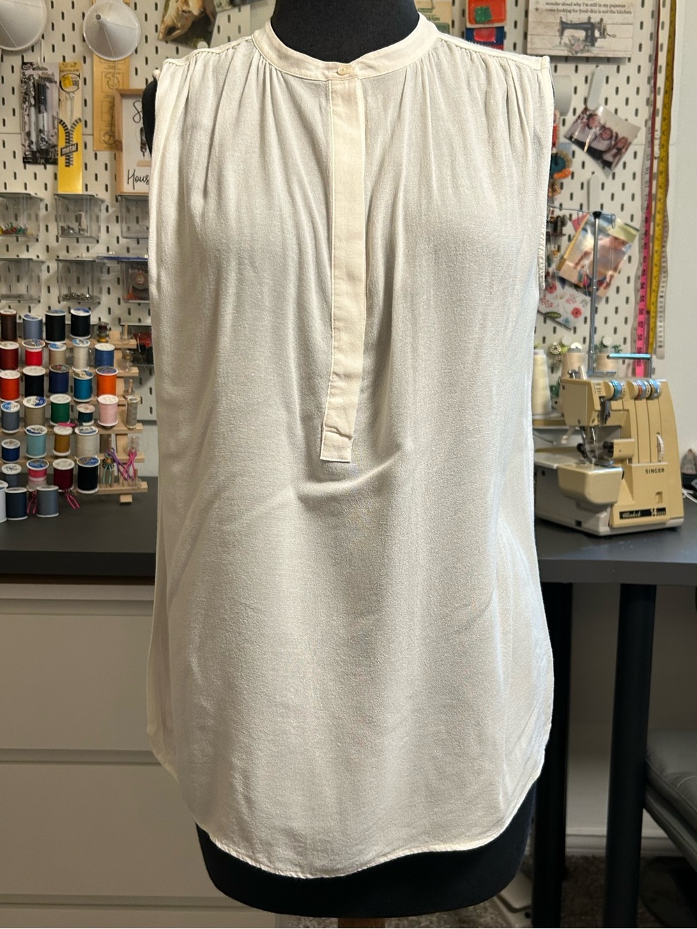 Vince Cream Sleeveless Henley Gathered Silk Top